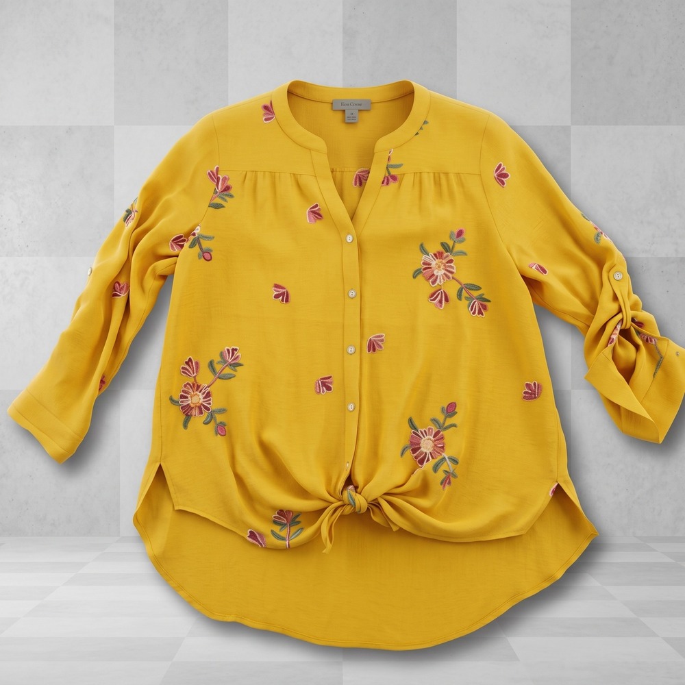 Figueroa Flower Embroidered Tie Front Blouse Tunic Mustard Yellow Women 2X EUC